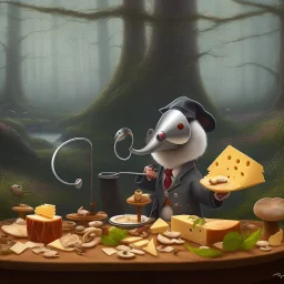 A Plague Doctor (AND) a Mouse having a port & cheese party in a forest of mushrooms by a river, art by Pixar and Dreamworks