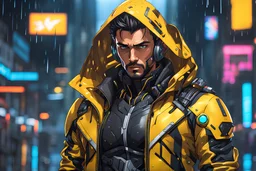 David with Body parts mechanism in 8k 2D anime realistic drawing style, cyberpunk them, yellow jacket, neon effect, close picture, rain, highly detailed, high details, detailed portrait, masterpiece,ultra detailed, ultra quality