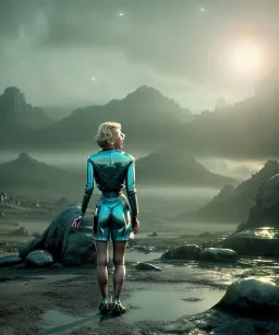 Ultra Realistic retro sci-fi 1960 scene, waist up view portrait, blonde woman, sweet young Marilyn Monroe face, perfect iris, tight latex coat, alien planet background, tight style, steel sphere dron levitating, fog, rain, soft color, highly detailed, unreal engine 5, ray tracing, RTX, lumen lighting, ultra detail, volumetric lighting, 3d, finely drawn, high definition, high resolution.