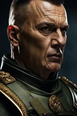 portrait of a 50 year old evil military leader. Cruel expression, dark crew cut hair,