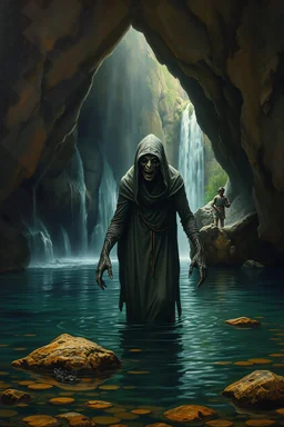 In Bosch painting style A scary hooded creature standings in lake with waterfalls in side a cave underground