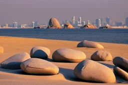 Sunny day, people, rocks, sand, distant modern city