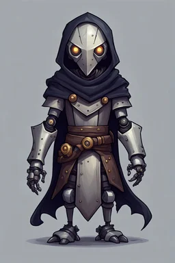 small wiry robot rogue from a dnd style fantasy realm. His robotic metal face looks friendly. He is wearing simple medieval clothes and a dark cloak. dnd style illustration