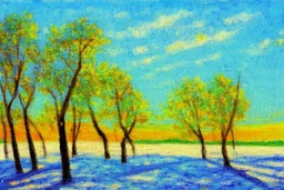 Sunny day, trees, sand, impressionism painting