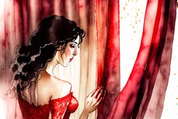 A beautiful brunette woman looks out from behind a red lace and silk curtain, holds the curtain with one hand and pulls it away in sunshine, watercolor and black ink outlines, sparkling golden glitter, ethereal, cinematic postprocessing, bokeh, dof