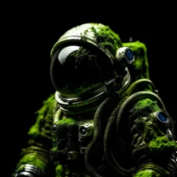 A moss covered astronaut with a black background