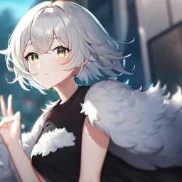 Clear focus, High resolution, light grey short hair, dark green eyes, wearing a black t-shirt and black skirt, fluffy hair, detailed outfit, really fluffy hair