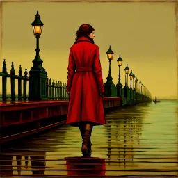 Painting of a woman wearing a long red coat and brown leather boots walking on a pier, inspired by John Atkinson Grimshaw, inspired by Jacob Schikander, inspired by John Petty, by a pier, Carl Critchlow. Moody, John Capel, by Jacob Schikander, by John Atherton, by John Alexander, by Eamon Everell, by John Laurie Morrison, Waves breaking on the pier, in the background a full moon shining in yellow light, A thick mist rises from the water