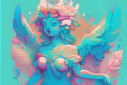 A detailed illustration a print of a vintage goddess statue, large colorful flower splash, t-shirt design, in the style of Studio Ghibli, blue tropical flora pastel tetradic colors, 3D vector art, cute and quirky, fantasy art, watercolor effect, bokeh, Adobe Illustrator, hand-drawn, digital painting, low-poly, soft lighting, bird's-eye view, isometric style, retro aesthetic, focused on the character, 4K resolution, photorealistic rendering, CMYK, using Cinema 4D