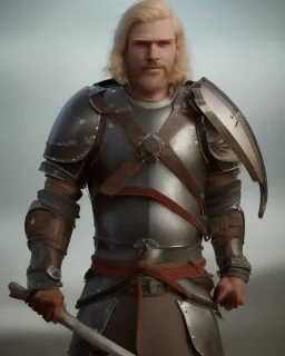 strong medieval men warrior with blond short hair, blue eyes and wide warm smile with an axe with green and brown clothes