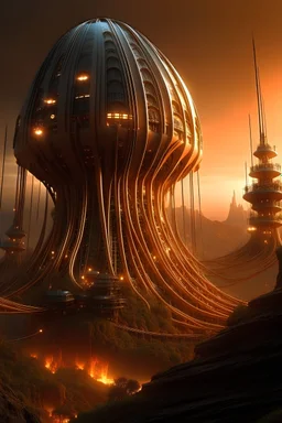 A futuristic alien mega city with a giant mechanical asymmetric beehive structure, organic design, canyons, wind erosion, mysterious orange swirling mist, glowing haze, hyperdetailed, clouds. Professional fashion model in a haunted fashion show, twisted vines, long legs, cape, facing camera. High detail. Highly detailed. Sharp focus. Award winning.