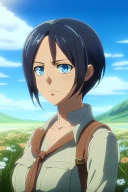 Attack on Titan screencap of a female with short, black hair and drawn blue eyes. Beautiful background scenery of a flower field behind her. With studio art screencap.small chest
