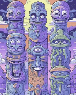A pale light purple haunted EDM party with ghosts designed in pacific Northwest totem poles