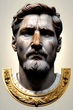 Ultra Realistic image, Roman sculpture, white marble material, Lionel Messi, gold Laurel leaves wreath, renaissance ornaments, one gold star in heart, sun ornament, sun rays background, chisel style, waist up portrait, emperor style, epic, celestial, cinematic lighting, God light, god rays, 4k resolution, smooth details, ornate details, soft lighting, unreal engine 5, art station, substance 3d.