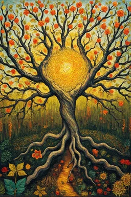the coming together of many drives in one nature in whom everything – knowledge, desire, loving, hating – strives centripetally toward a root force, and where a harmonious system of drives is formed by the compelling domination of [an organizing idea which functions as] the living centre of the self; Lowbrow Post-Impressionist painting inspired by Hundertwasser and Van Gogh; Golden Hour; Exquisitely Detailed; Foliage Palette