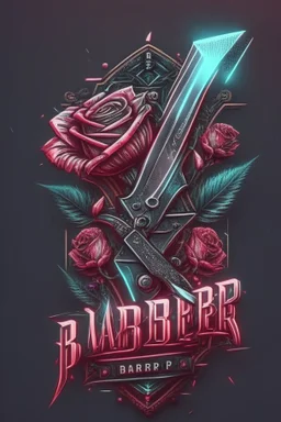 rose mit rasiermesser, haarschneidemaschine und diamant über schriftzug,firmenlogo für friseur barber, name soll SAMO THE BARBER sein, high quality, logo, cyberpunk style,led, symmetrisch, 4k, retro, gentleman