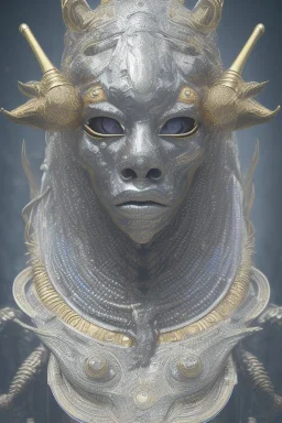 black male African Egyptian alien, cracks in the voodoo head, wicked, eyes, crown, Elephant, 8k, finely detailed, photo realistic, tiger turquoise skull head gold dragon space alien snow skeleton gold teeth silver crown silver space face mask