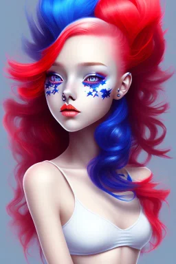 girl, cute, beautiful, red white and blue hair