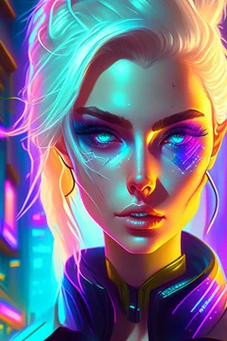 a blonde&ash haired supermodel heterochromia eyes, in a futuristic scifi city, high fashion, Neon lighting, cyberpunk, Highly detailed, Digital painting, Artstation, Sharp focus, art by loish and artgerm and greg ruthkowski and chris ryniak and simon stalenhag.