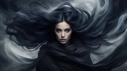 a girl with hair and flower on her forehead, in the style of eerie dreamscapes, flowing fabrics, t romantic windblowing, swirling hair, Windy, swirling dark style Dark, misty, fantasy Dark, Texture, eerie, macabre, black smoke, ultraclear image"