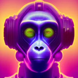 A beautiful portrait of a cyborg monkey purple neon color scheme, high key lighting, volumetric light high details psychedelic background