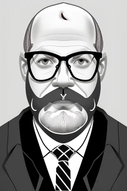 black and white,real estate agent,bald white male with thick grey beard,55 years old,metal wire frame glasses,, necktie,portly,detailed drawing,white background