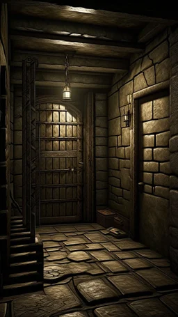 An abandoned prison cell with door open ,cavernous depths of the cellar beneath Blackwood Manor , where flickering torches cast eerie shadows across the damp stone walls. As he explores, he uncovers ancient artifacts and relics, each one hinting at a dark and mysterious past.]