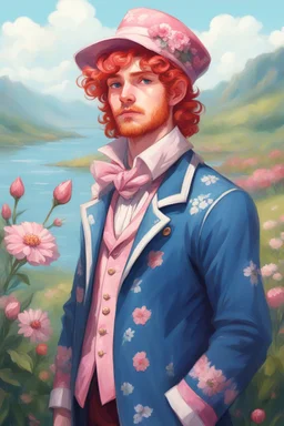 kind young sailor, man, red slightly curly hair, long jacket, pink-azure clothes, pink-azure cocked hat, white floral pattern on the jacket, flower in the hair, stardew, valley style