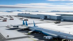 An artic airport with passenger and cargo planes the size of cruse ships