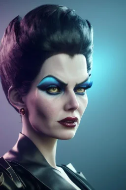 Lene Nystrøm as evil queen in black leather, busty, cleavage, voluptuous, Aqua Lene, angry, stern look. character design by cory loftis, fenghua zhong, ryohei hase, ismail inceoglu and ruan jia. unreal engine 5, artistic lighting, highly detailed, photorealistic, fantasy