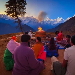 mystical indian guru teaching his group of disciple in adoration in himalaya, around a fire at sunset