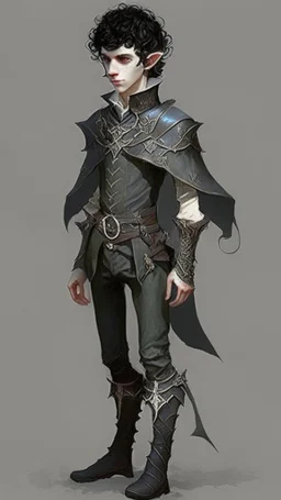 boy elf,he has curly, black hair and sharp cheekbones. His eyes are black. He wears fantasy medieval clothes. he is lean and tall, with pale skin, full body with boots, full body back view