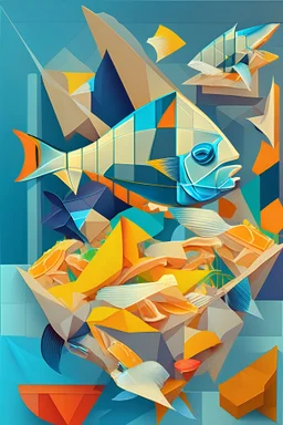 fish and chips, deconstructed, abstract cubist painting, Neo-Cubism, layered overlapping geometry, art deco painting, Dribbble, geometric fauvism, layered geometric vector art, maximalism; V-Ray, Unreal Engine 5, angular oil painting, DeviantArt