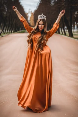 very beautiful ukrain lady wearing orange pretty maxi flared dress with hair silver crown ,standing idle pose