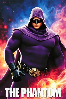 Movie Poster - ((("THE PHANTOM"))), extremely thick, muscular, 6'6'' 18-year-old Billy Zane with extremely exaggerated muscles as the Phantom, long-sleeved, textured, padded purple cotton bodysuit with skintight, formfitting textured purple cotton cowl with ((black eye mask)) and widow peak, black gloves and wrist gauntlets, black boots, double holstered utility belt, skull-shaped belt buckle, glowing, white eyes, captured in a breath-taking explosion of color