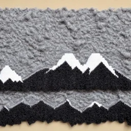 Model of thun made of wool knitting, grey, black and white, mountains in the background