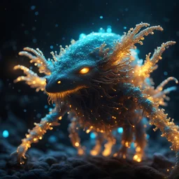 bioluminescent creature, covered with glowing crystals, glowin golden particles in air, bright colors, glowing sparkle particles, dark tone, sharp focus, high contrast, 8k, incredible depth, depth of field, dramatic lighting, beautifully intricate details, clean environment, epic dynamic scene, photorealistic cgi