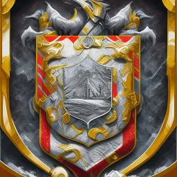 coat of arms of a city in the moutains, rocks and fire, very detailed