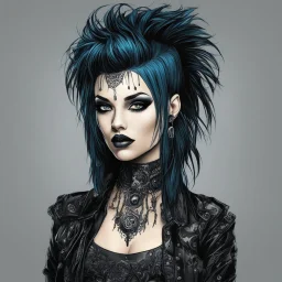 Create a wild, imaginative, full body, goth punk girl with highly detailed facial features, in the vector graphic style of Nirak1,Christopher Lee, and Cristiano Siqueira, vibrant colors, 3d vector