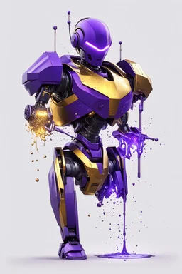 Human Like Cyborg, Royal purple and Gold, Combat Robot, Dangerous, Strong, Destroyed, Inside a Vat of Liquid