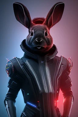 MCU Portrait, Front image, cyberpunk rabbit woman, mask, black red color, latex suit, photo studio, highly detailed, concept art, smooth, unreal engine 5, god rays, ray tracing, RTX, lumen lighting, ultra detail, volumetric lighting, 3d, finely drawn, high definition, high resolution.