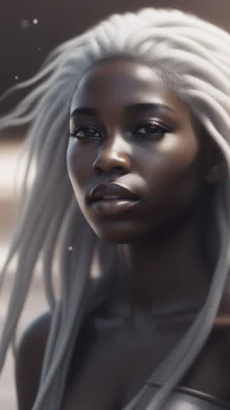 A hyper realistic photo of: Some forgotten realms strong dark skinned draw a beautiful girl with long white hair wades into a strongly dark grey colour emitting magically radiating and bubbling color pool in an endless windswept level landscape of only sand and grit. photorealistic, bokeh, masterpiece, smooth shading, ultra detailed, high resolution, cinematic, unreal 6, subtle shadows, octane render, 8k, cinema 4d, HDR, dust effect, vivid colors, thin line draw