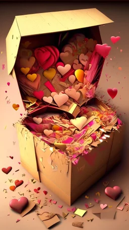 Open box stuffed with love letters, hearts, love explosion, art, drawing, very realistic, detailed, vibrant colors.