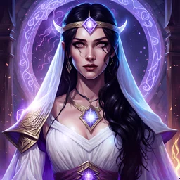 dungeons & dragons; portrait; female; teenager; pale skin; goddess of magic; greek dress; veil; black hair; purple eyes; magic; glow; soft; understanding; halo; arcanr