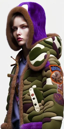 Brunette woman. average body type, think thighs and thick calves. Mantle is sewed of recycled Denim and sewed together of camouflage pieces. Camouflage colors are orange,terracotta, cream and purple. It is with big bright purple felt tippet and cream-colored-hood. mantle is merged with satchel. . AKG-style headphones (gold rings!) is merged with small felt cap with small visor. Style: Haute Couture in 1936, Paris fashion in 2023, inspired by street art. Cream latex gaiter. Her head and rest body