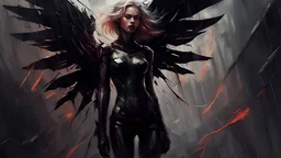 biomechanical women, beautiful, cyberpunk, dusty blonde, short square, large biomechanical black wings, sword, cybernetic, dynamic pose, rain, wind, ashes, flashes of fiery threads, sketch art, fine lines, grunge, sensual, darkness, dark colors, by Raymond Swanland & Alyssa Monks & Anna Razumovskaya