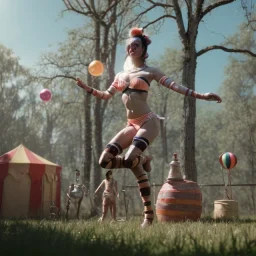 Ultra realistic circus scene. Classic acrobat woman, waist up view, Wes Anderson style, happy, bubbles, highly detailed, concept art, unreal engine 5, god rays, ray tracing, RTX, lumen lighting, ultra detail, volumetric lighting, 3d, finely drawn, high definition, high resolution.