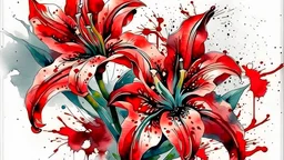 lilies ,watercolor, tattoo, red color, gritty, graphic style