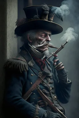 70 years old victorian bloodborne soldier with a musket and smoking a cigarette