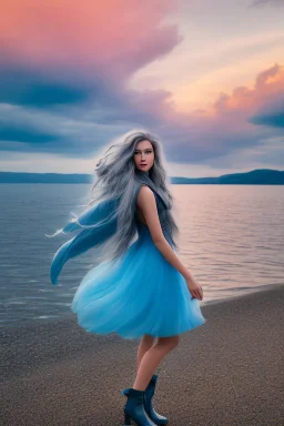 half body shot,realistic portrait of a 20-25 old caucasian model, long blue pink flowing hair, great grey eyes, blue leather jacket,full body, short white skirt,long legs,standing at beach of very nive lake with sunset ,clouds,godrayes